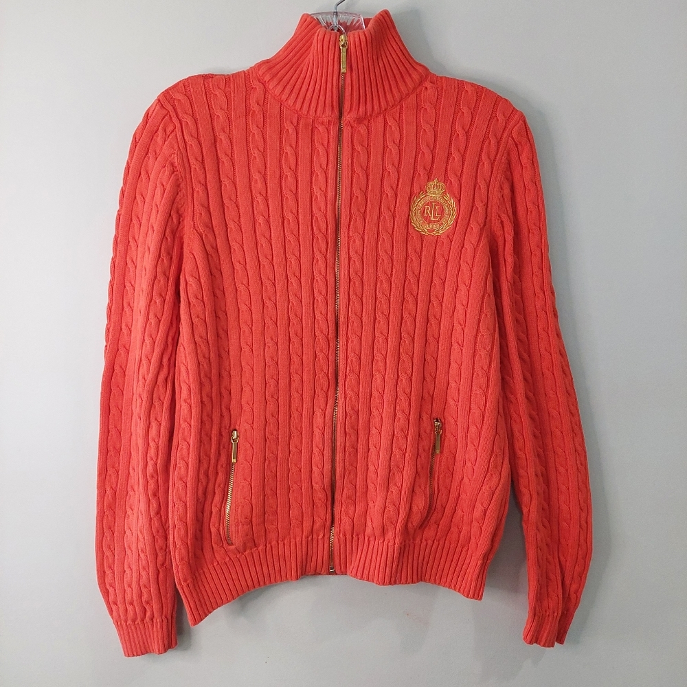 Lauren Ralph Lauren jacket large orange with gold hardware full zip cable knit